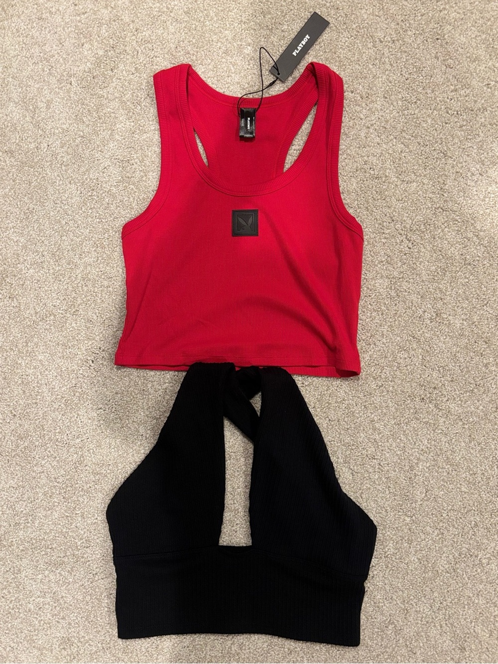 PLAYBOY Red Essential Ribbed Cherry Crop Tank plus Black Urban O. top